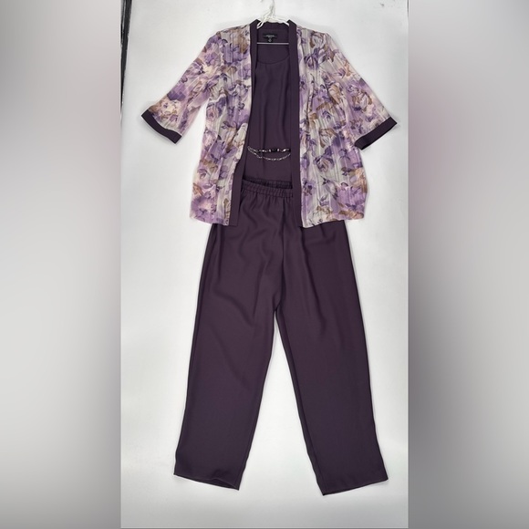 Vintage R&M Richards Womens Jacket Necklace Pants Set 14W Purple Pull On Floral - Picture 1 of 15